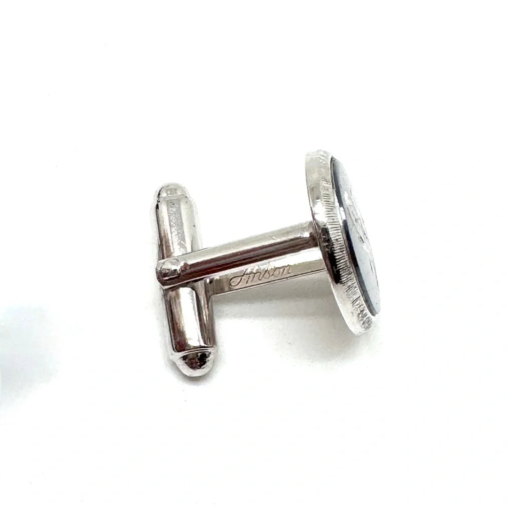 Vintage Anson F Engraved Silvertone Cufflinks and Tie Tack Set with Black Inlay